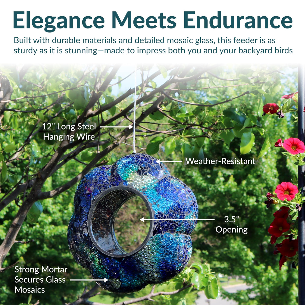 Sunnydaze Decor fly-through design keeps seed accessible for visiting birds.