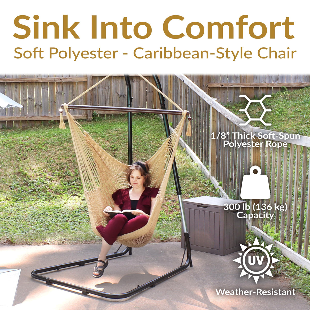 Sunnydaze Decor hammock chair with wooden spreader bar for easy entry.