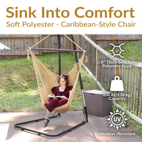 Sunnydaze Decor hammock chair with wooden spreader bar for easy entry.