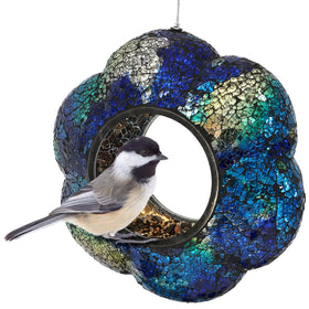 Sunnydaze Decor indigo flower mosaic bird feeder adds color to backyard feeding.