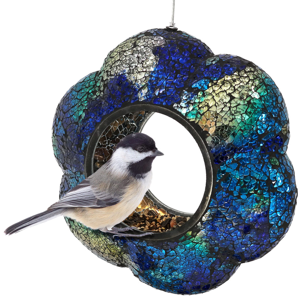 Sunnydaze Decor indigo flower mosaic bird feeder adds color to backyard feeding.