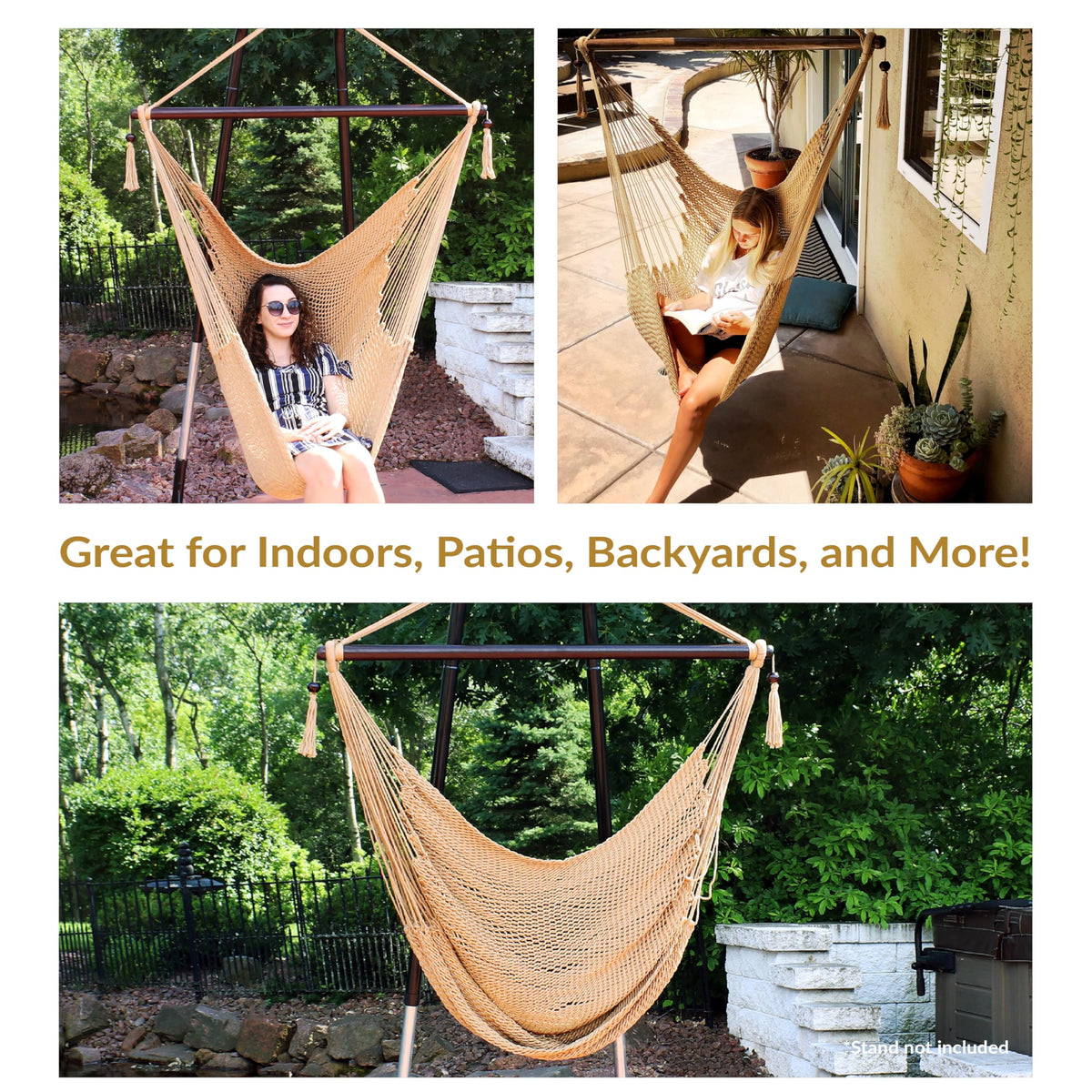 Sunnydaze Decor outdoor patio relaxation with a comfortable hammock chair.