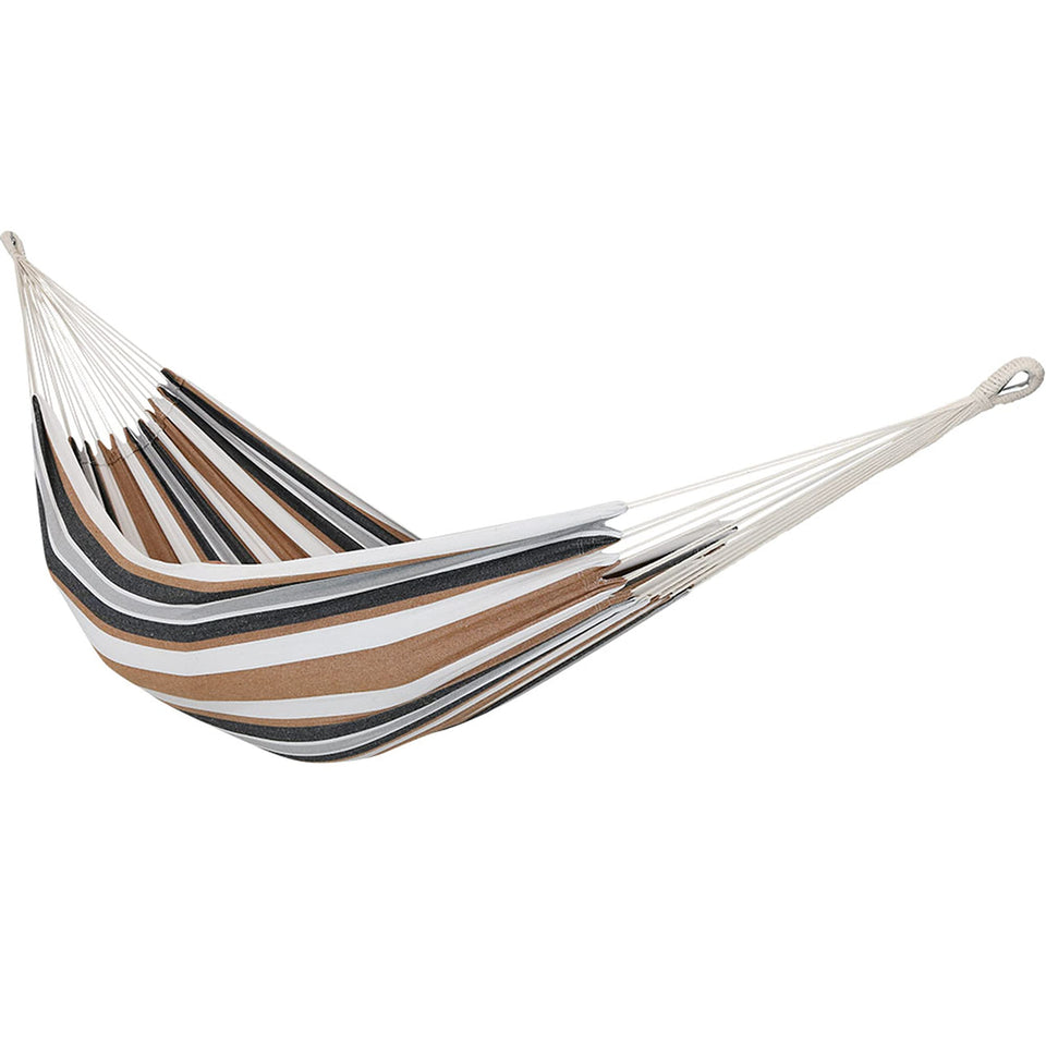 Sunnydaze double Brazilian cotton hammock for two in outdoor setup for backyard lounging.