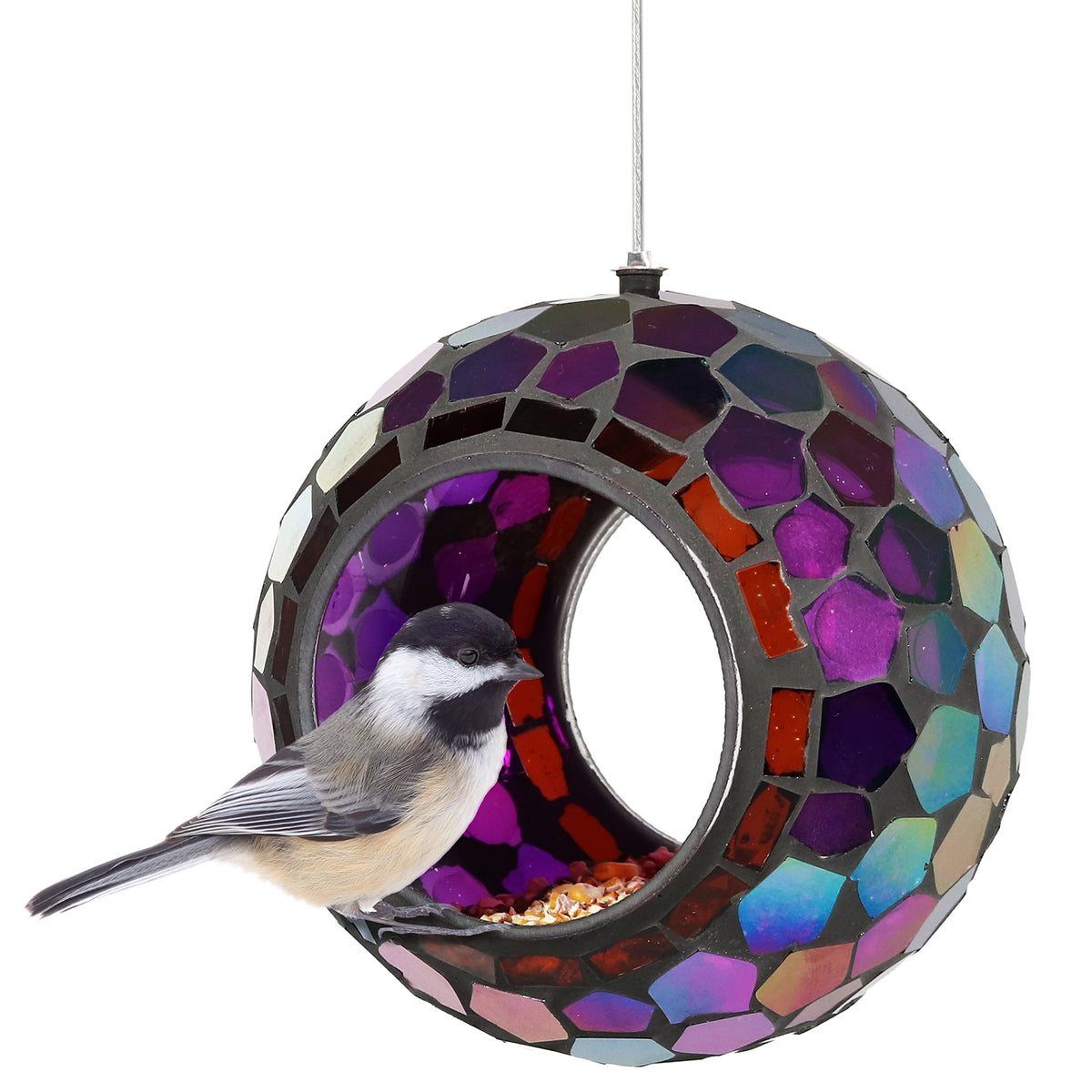 Sunnydaze Decor 6-inch glass mosaic feeder with iridescent purple finish attracts yard birds.