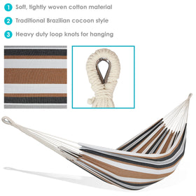 Sunnydaze hammock bed measures 80 by 60 inches for comfortable two-person rest.