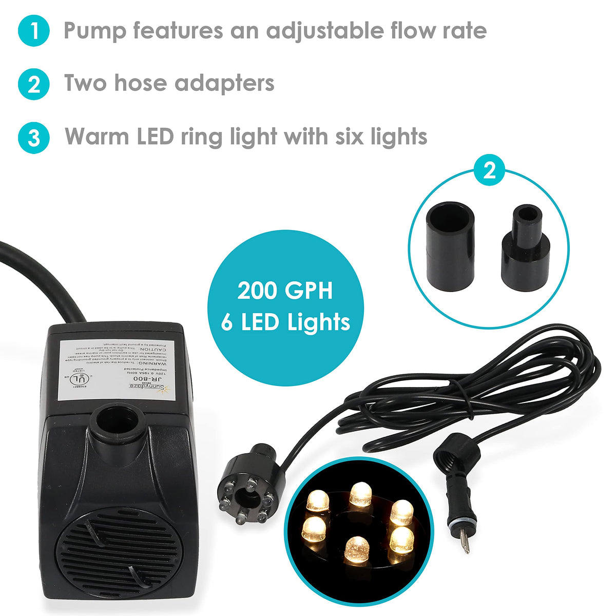 Sunnydaze LED light ring shows six bulbs for bright evening fountain illumination.