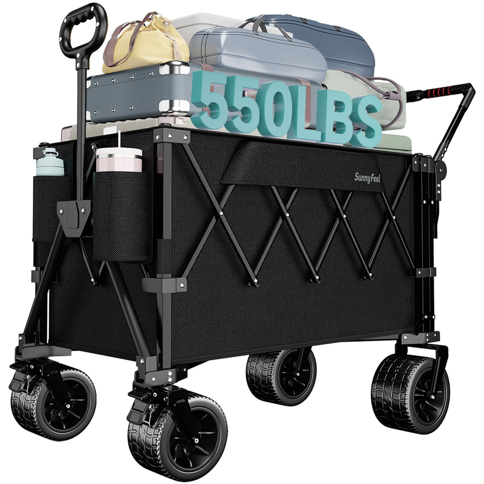 SUNNYFEEL 550LBS collapsible wagon with drop-down tailgate for easy loading on camping trips