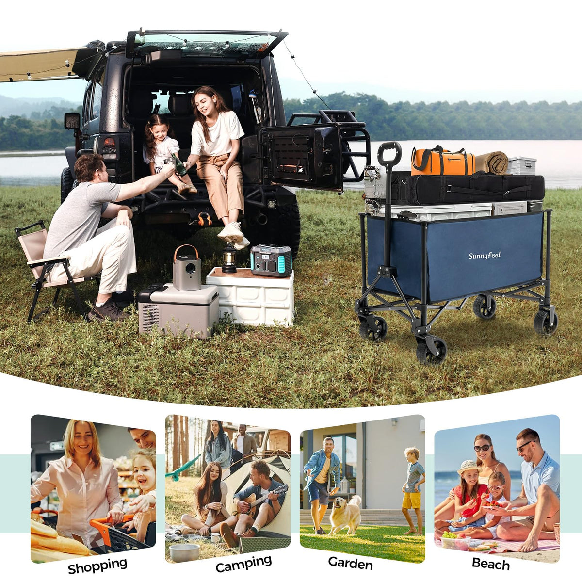 SunnyFeel collapsible-wagon-grocery-camping ready for groceries and camping gear.
