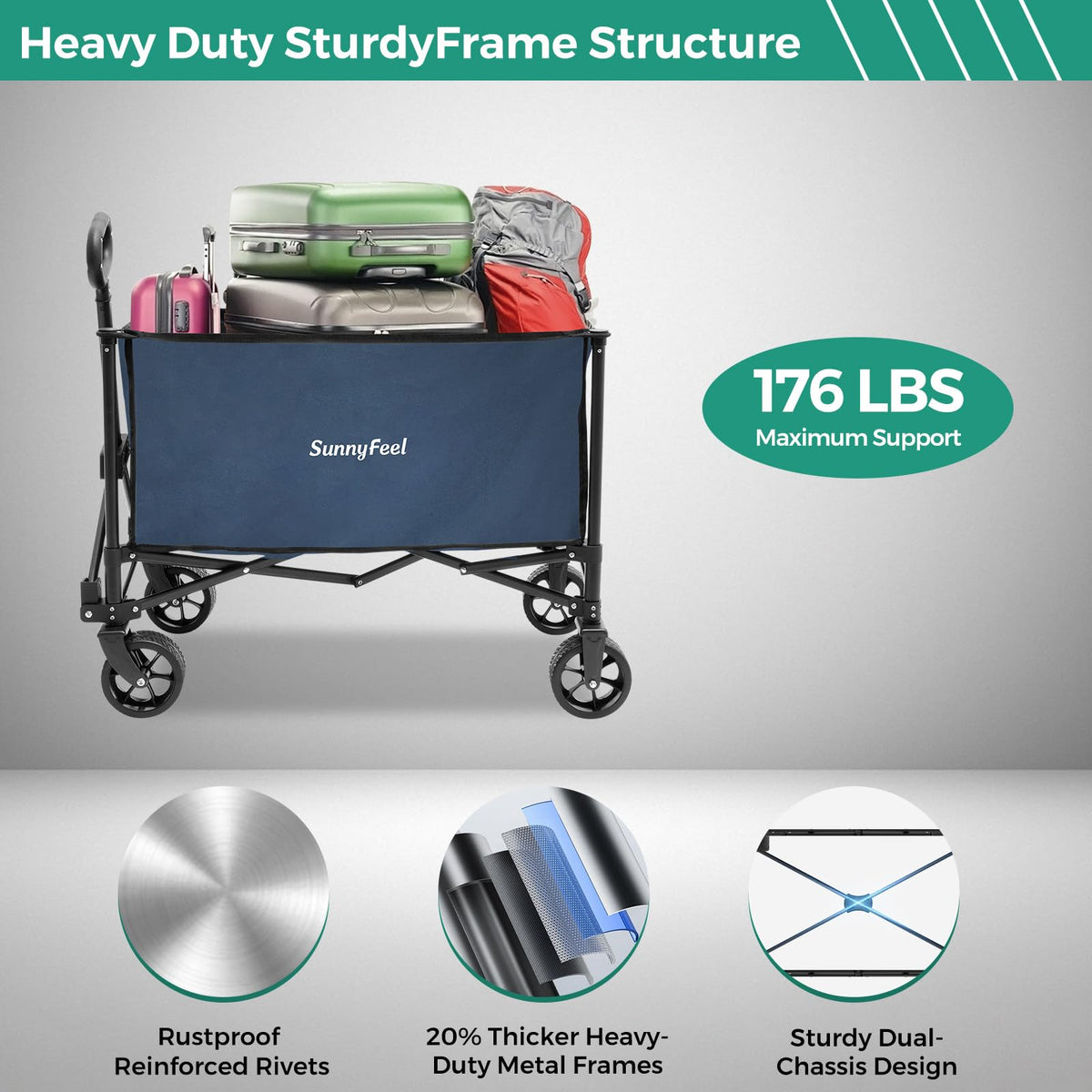 SunnyFeel collapsible wagon handle with rebound steering for smoother turns and less strain.