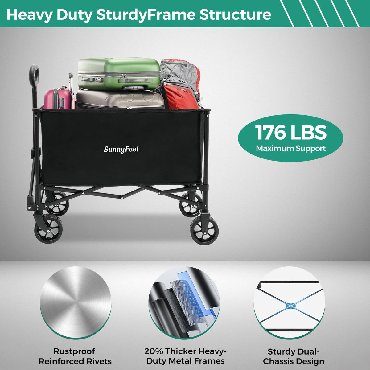 SUNNYFEEL collapsible wagon wide wheelbase enhances stability for heavier loads