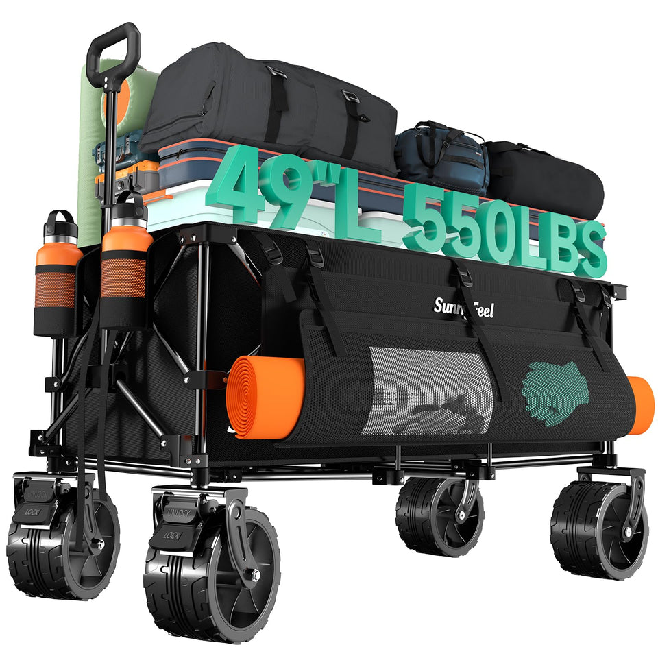 Sunnyfeel foldable wagon with front-wheels for smooth pulls on uneven surfaces.