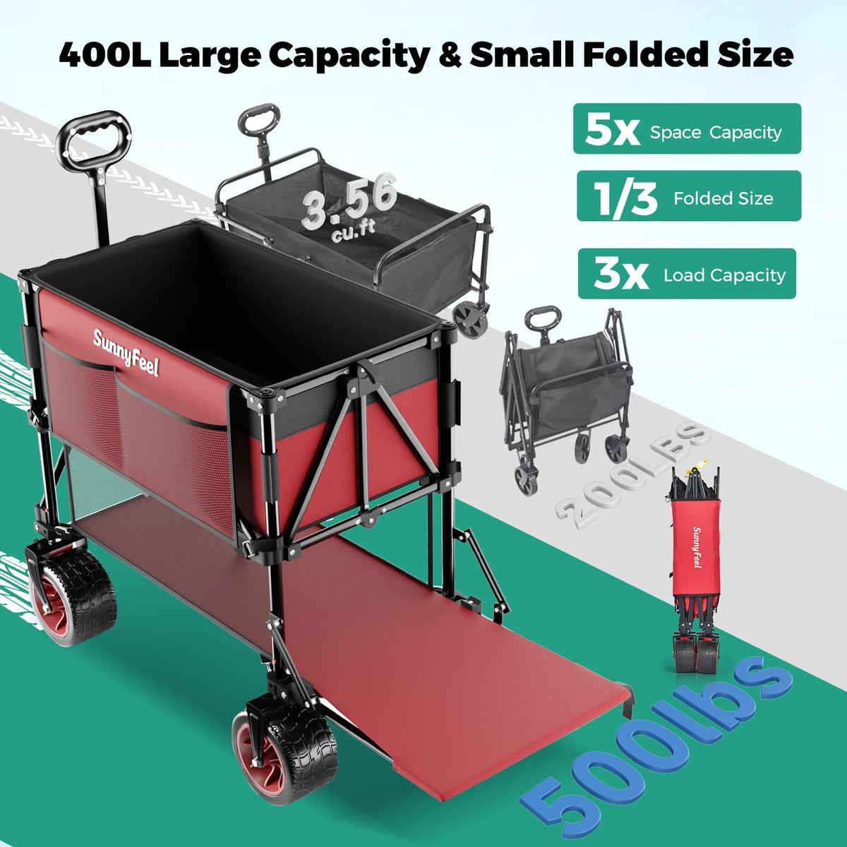 SUNNYFEEL wagon with 500lbs steel frame ready for heavy gear and load stability
