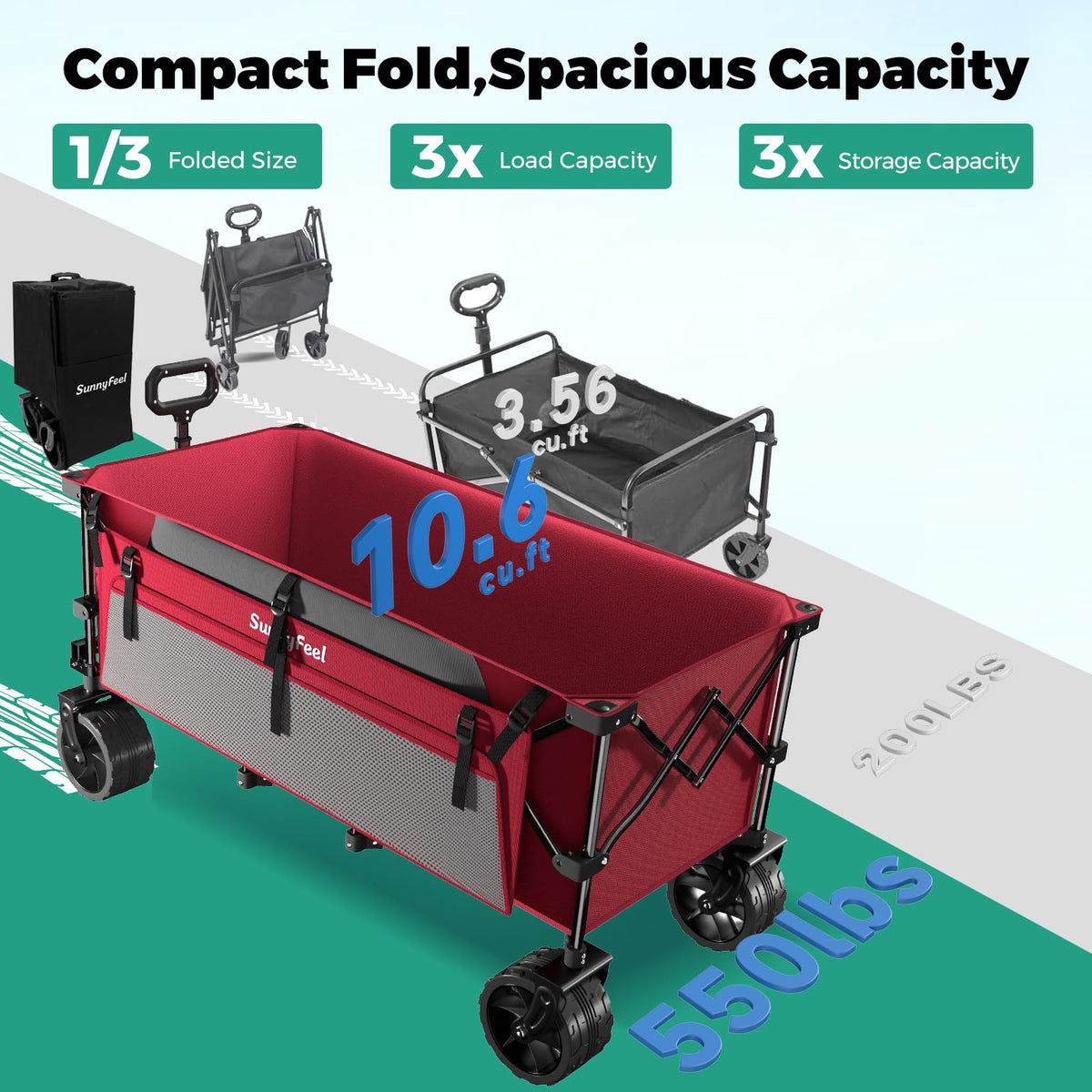 SunnyFeel wagon with wide 7-inch wheels for smooth outdoor travel.