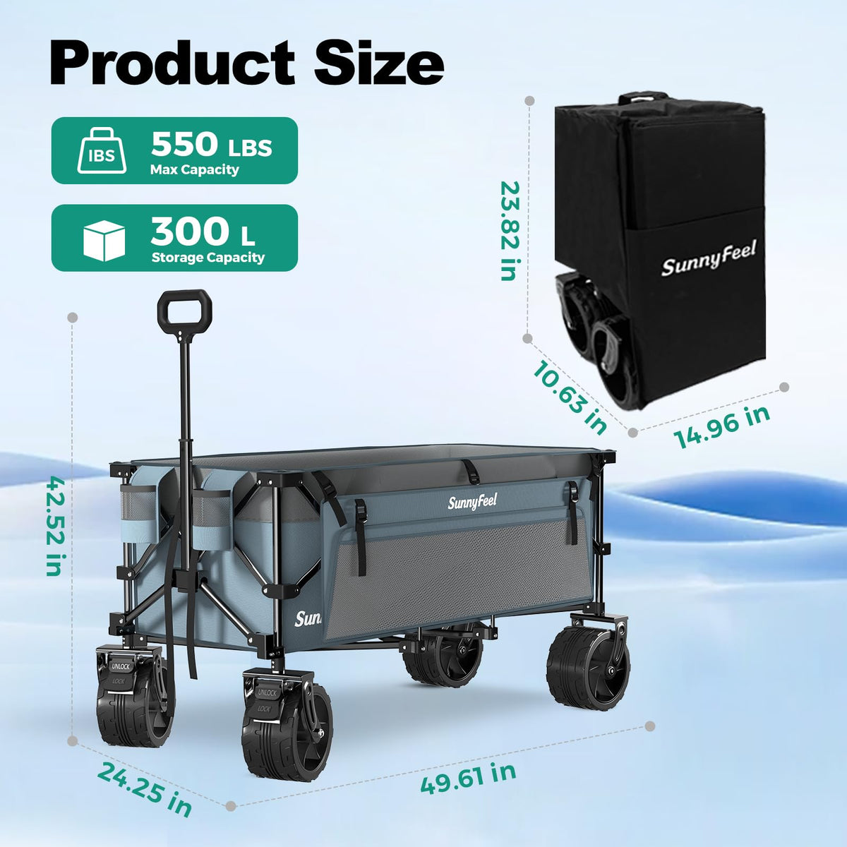 SunnyFeel wagon folds compactly with a protective storage bag