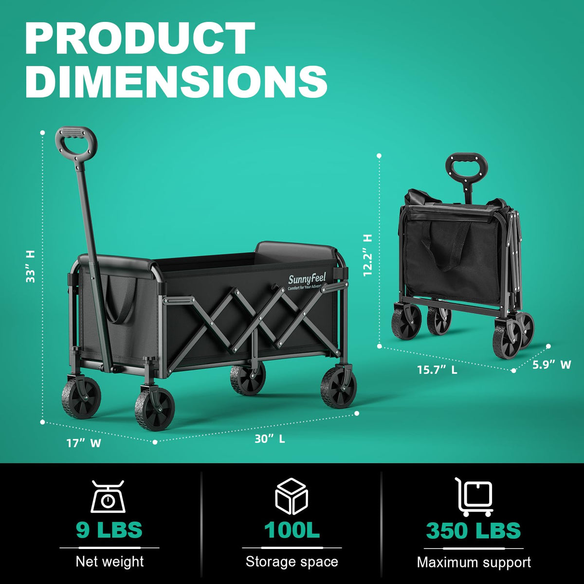 SunnyFeel wagon steel frame and Oxford fabric deliver sturdy support for outdoor trips.