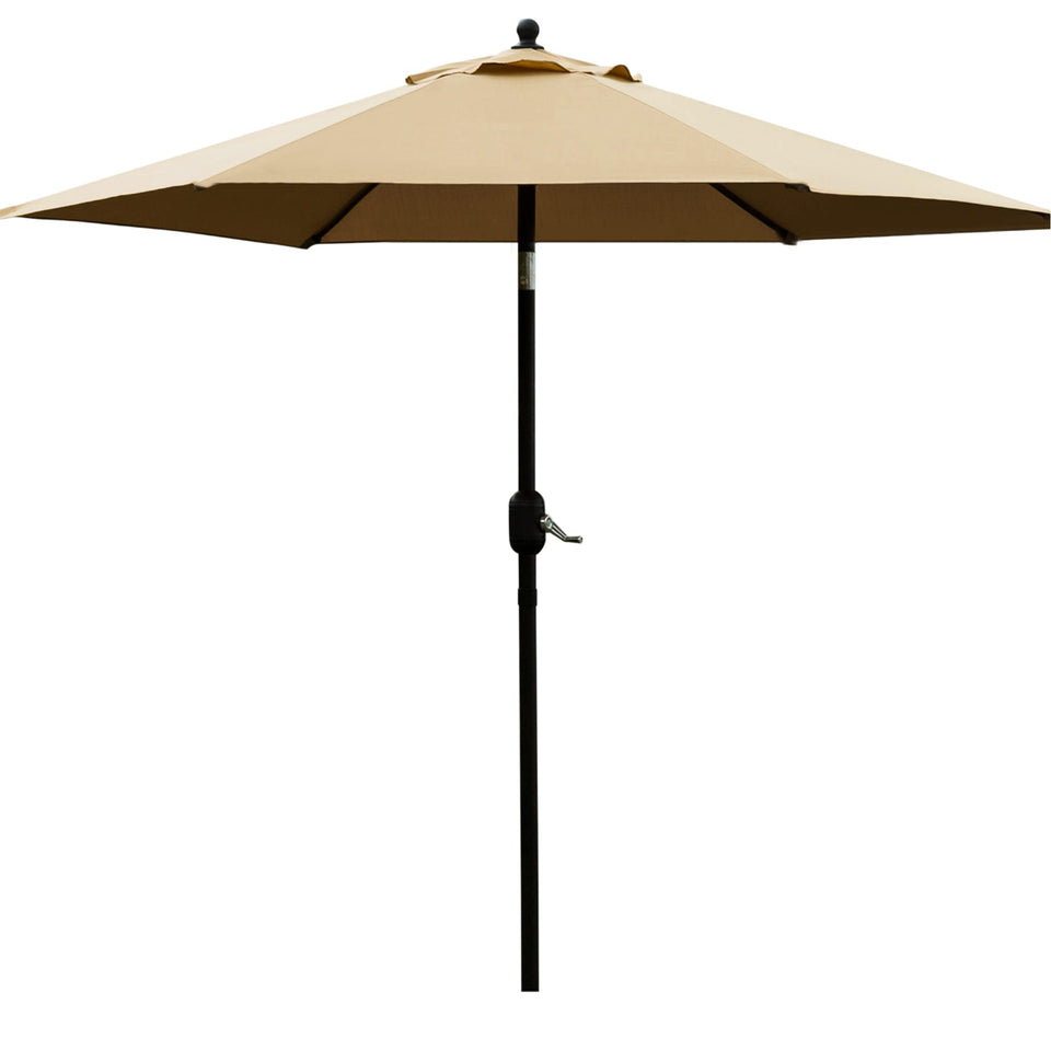 Sunnyglade 7.5' tan patio umbrella with push-button tilt shade for outdoor dining.