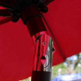 Sunnyglade 9ft red umbrella side view demonstrates broad coverage at the table.