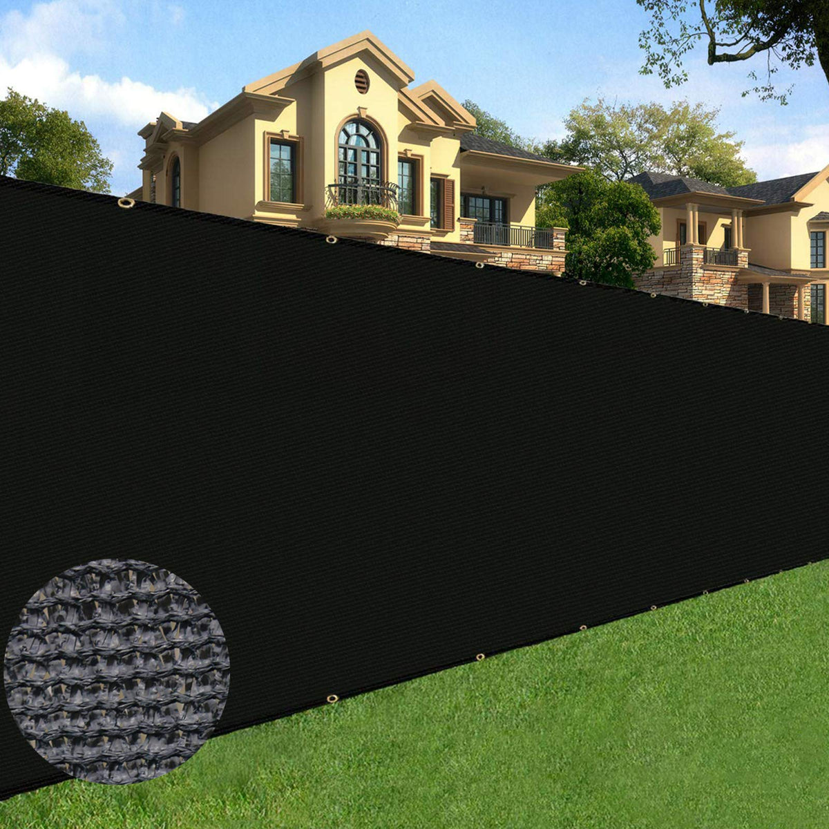 Sunnyglade privacy screen close-up shows sturdy grommets and reinforced binding for wind resistance.