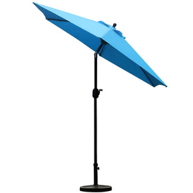 Sunnyglade push-button tilt blue umbrella shows easy angle adjustment for sun shifts