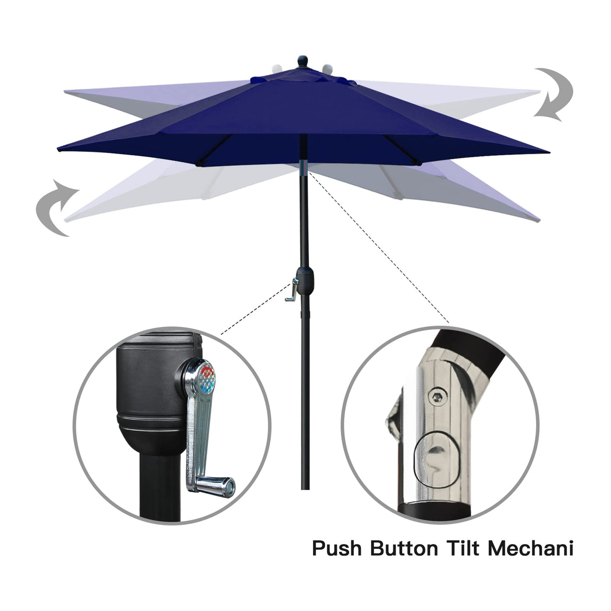Sunnyglade push-button tilt umbrella mechanism for adjustable shade.
