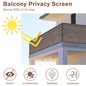 Sunny Guard brown deck privacy screen on railing showing reinforced edges for durability