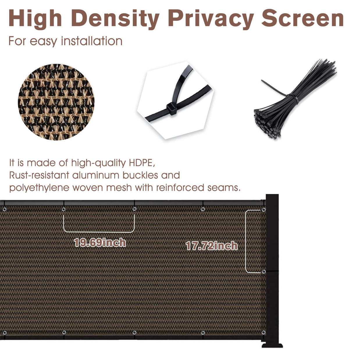Sunny Guard brown patio privacy screen attached to fence with grommets for easy setup