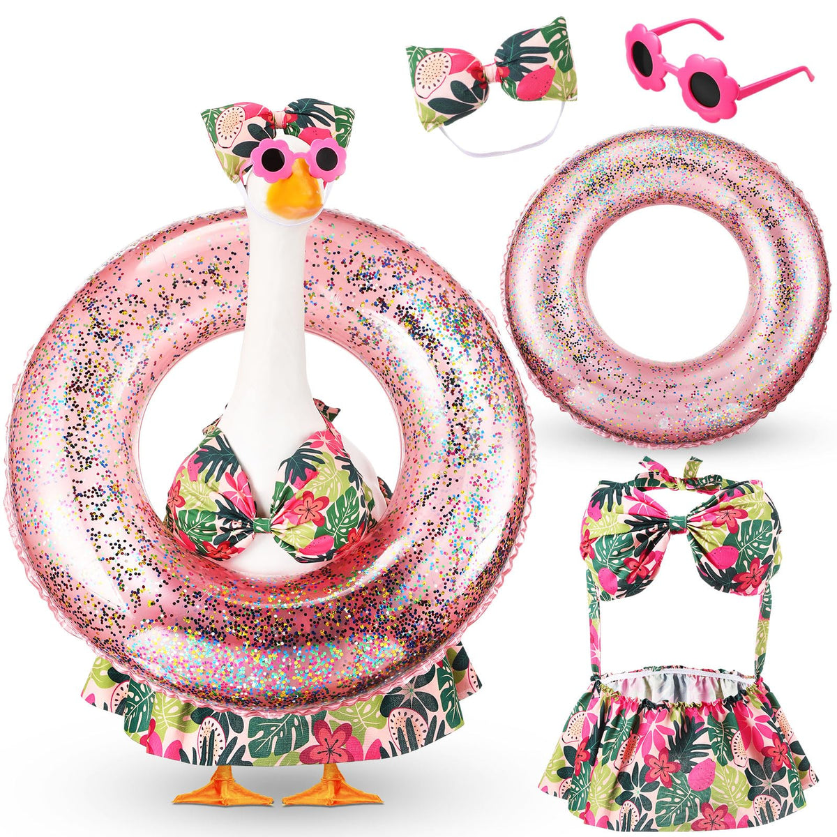 Sunnymove bikini porch goose outfit with Hawaiian bow decorates garden with festive flair.