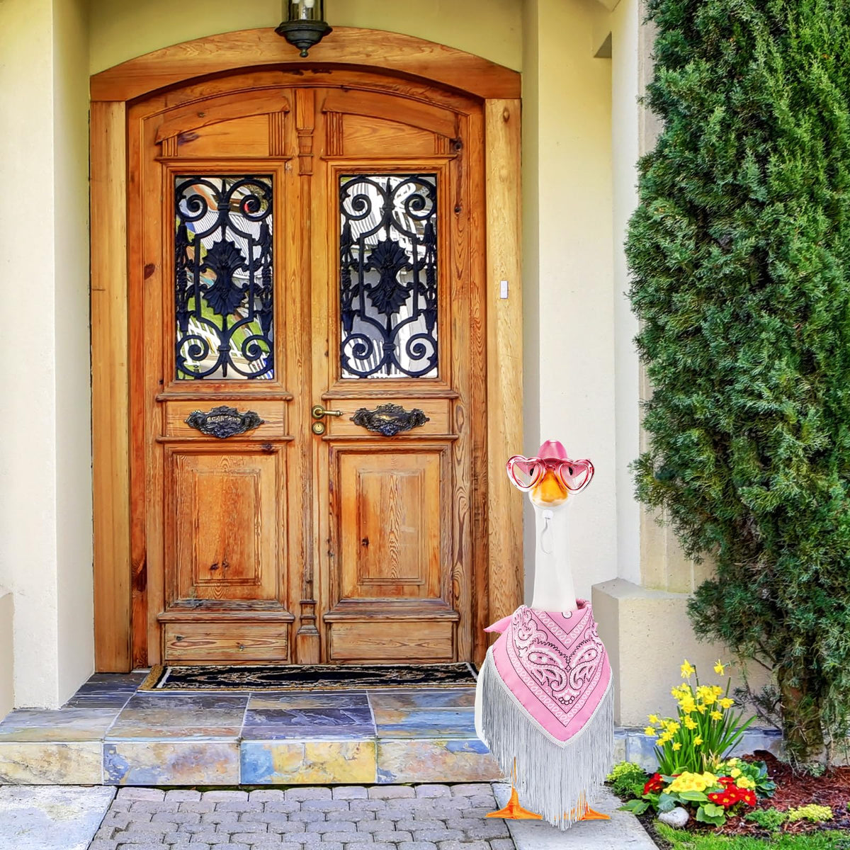 Sunnymove pink goose outfit on lawn enhances garden focal point