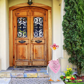 Sunnymove pink goose outfit on lawn enhances garden focal point