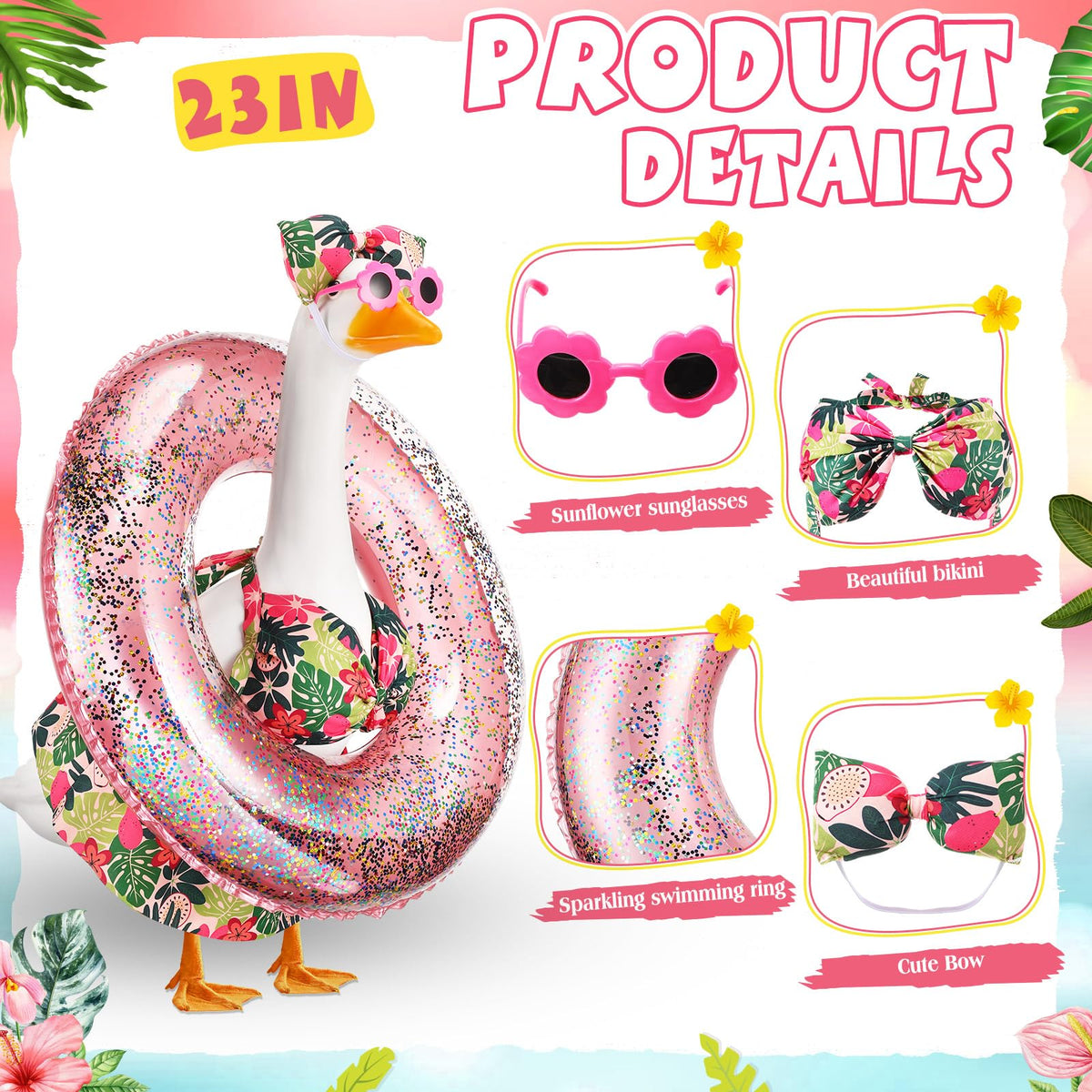 Sunnymove pink sequined swim ring creates colorful beach vibes for outdoor decor.