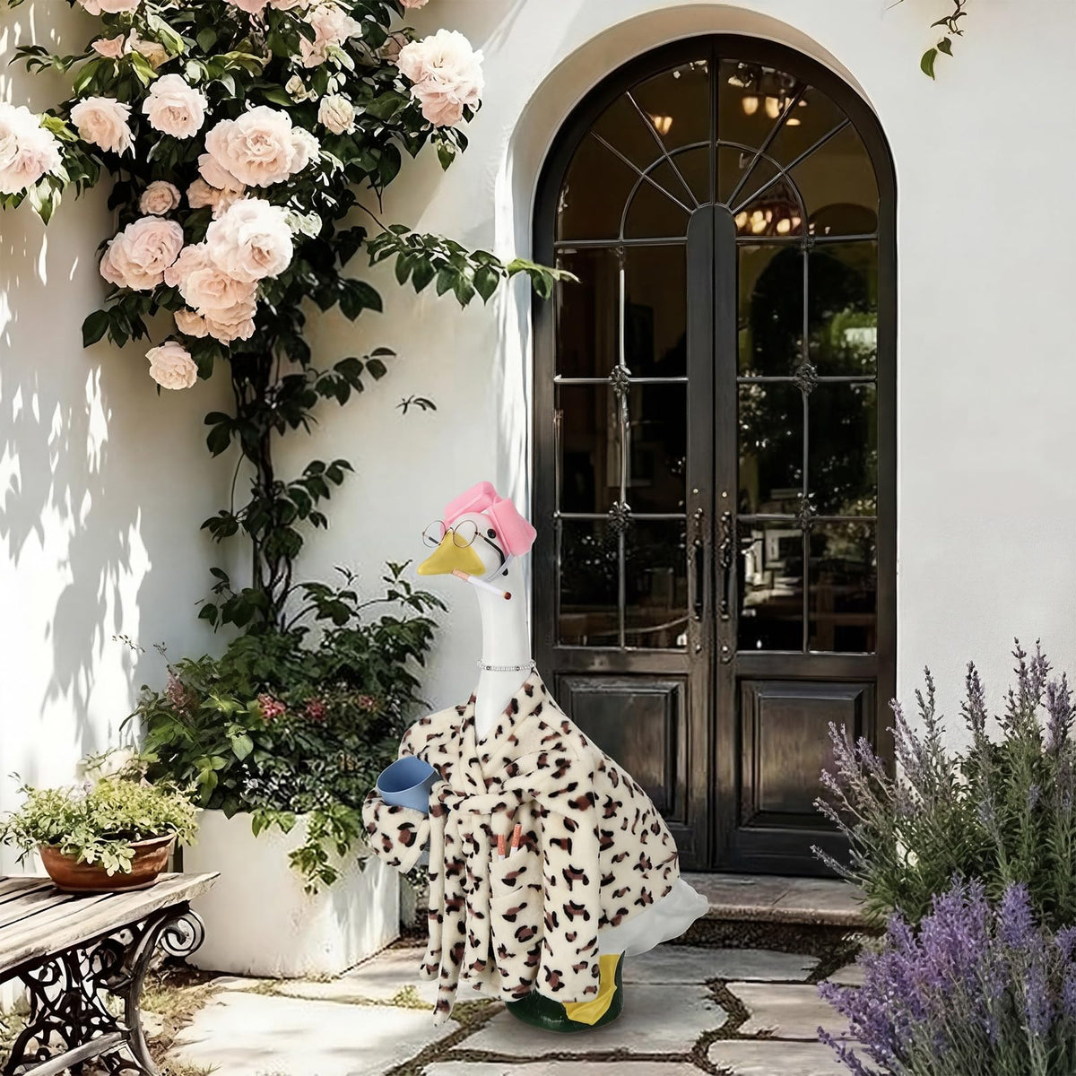 Sunnymove goose costume scene on porch creates welcoming atmosphere