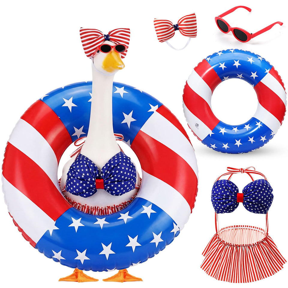 Sunnymove stars-stripes bow headdress on a porch goose, adding festive charm to outdoor spaces.