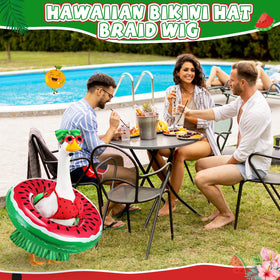Sunnymove swim ring attached to goose creates bright poolside decor.