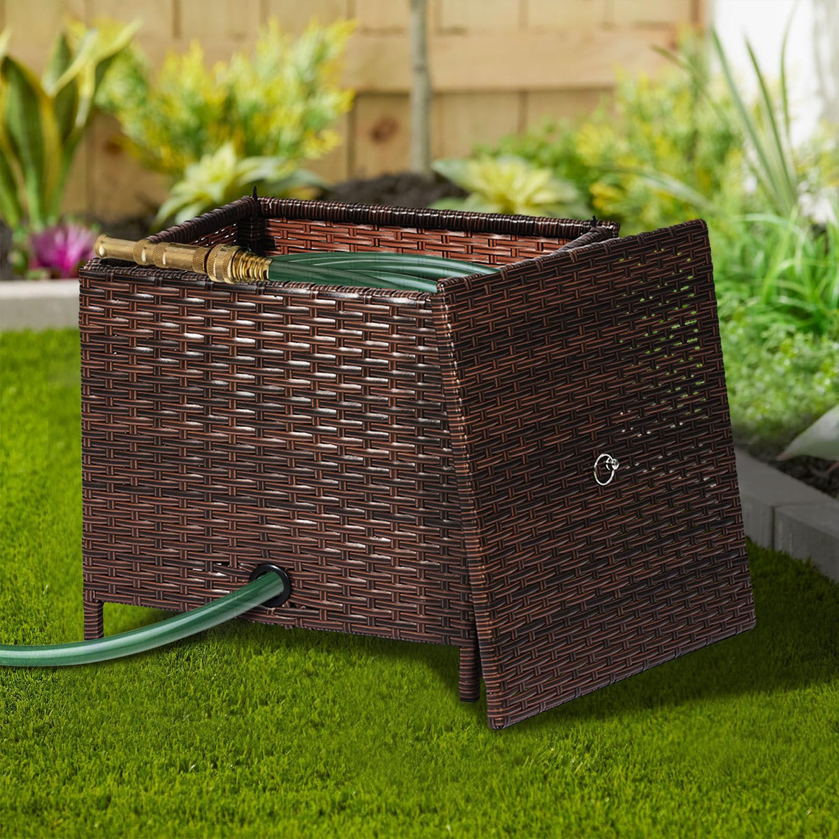 SUNNYPARK rattan lid on hose box adds decorative charm while hiding equipment
