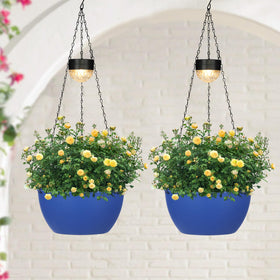 SUNNYPARK blue round hanging planter glows at dusk for outdoor charm