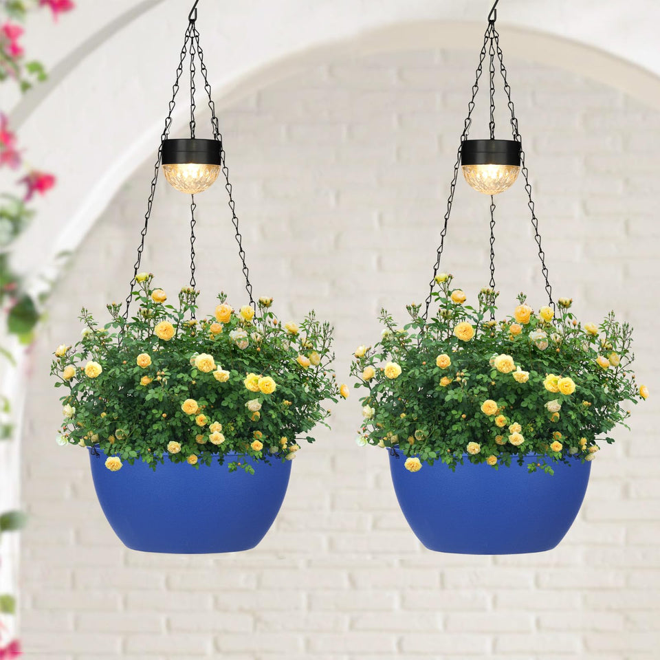 SUNNYPARK blue round hanging planter glows at dusk for outdoor charm