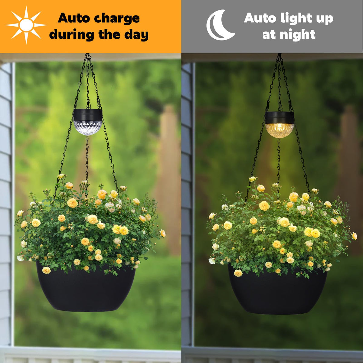 SUNNYPARK solar-powered planter with warm white LED lights at dusk
