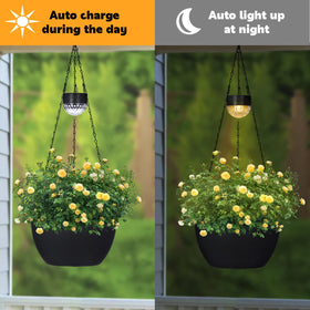 SUNNYPARK solar-powered planter with warm white LED lights at dusk
