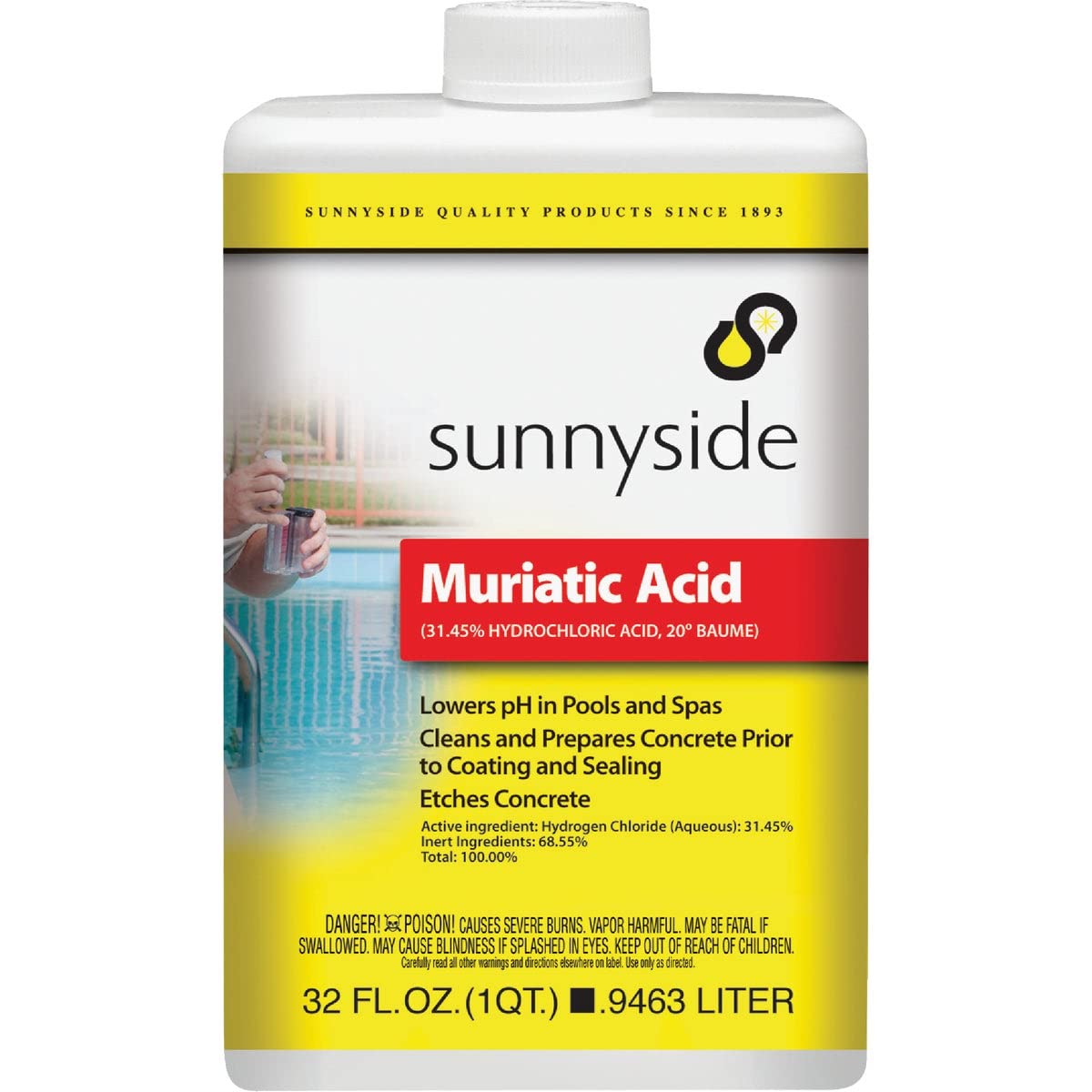Sunnyside 71032 muriatic acid bottle for brick cleaning and pool pH balancing.
