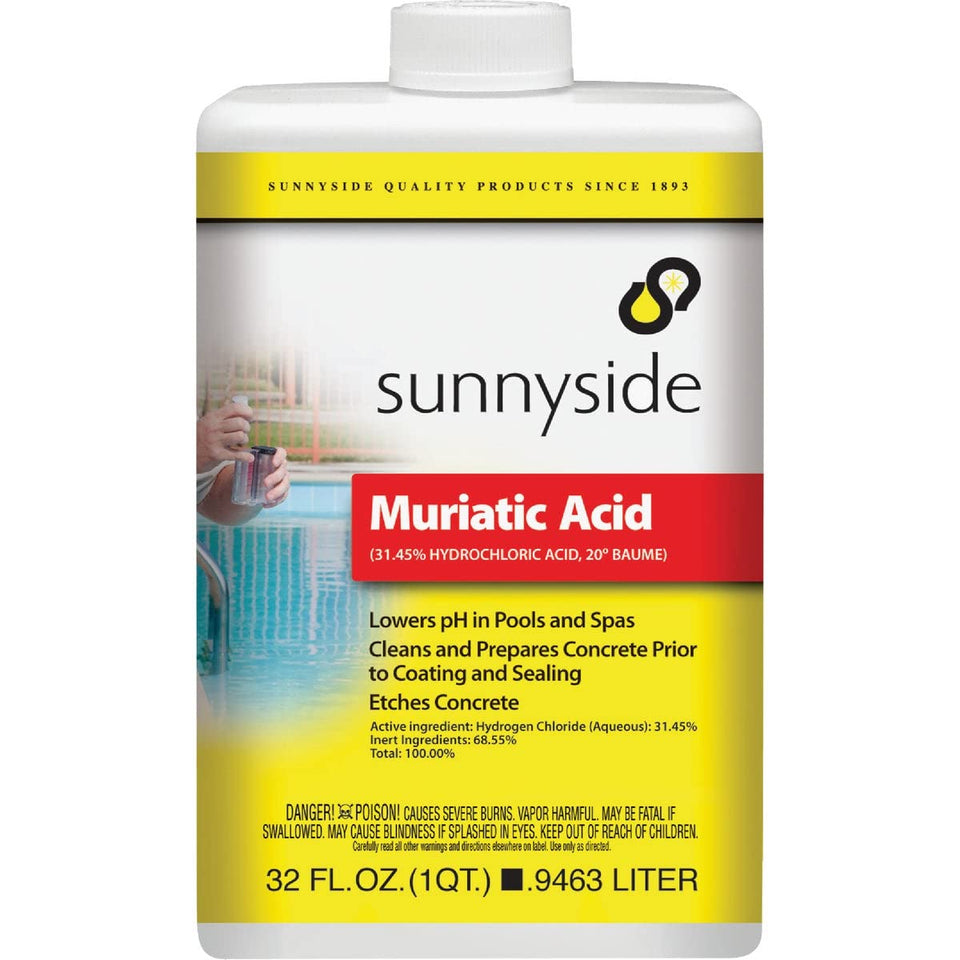 Sunnyside 71032 muriatic acid bottle for brick cleaning and pool pH balancing.