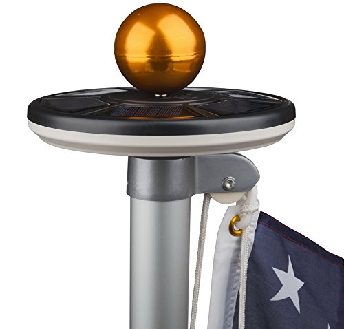 Sunnytech 2nd Gen solar flag light mounted on a tall flagpole at dusk.