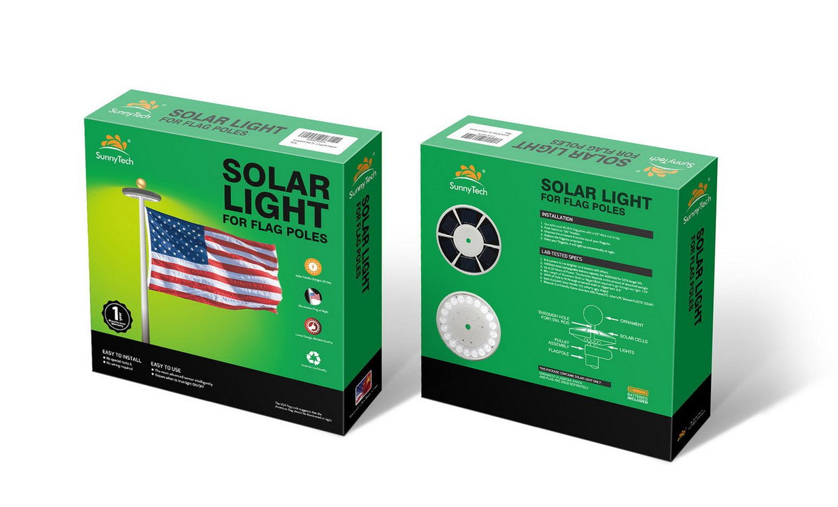 Sunnytech flag light at night boosts visibility and curb appeal.