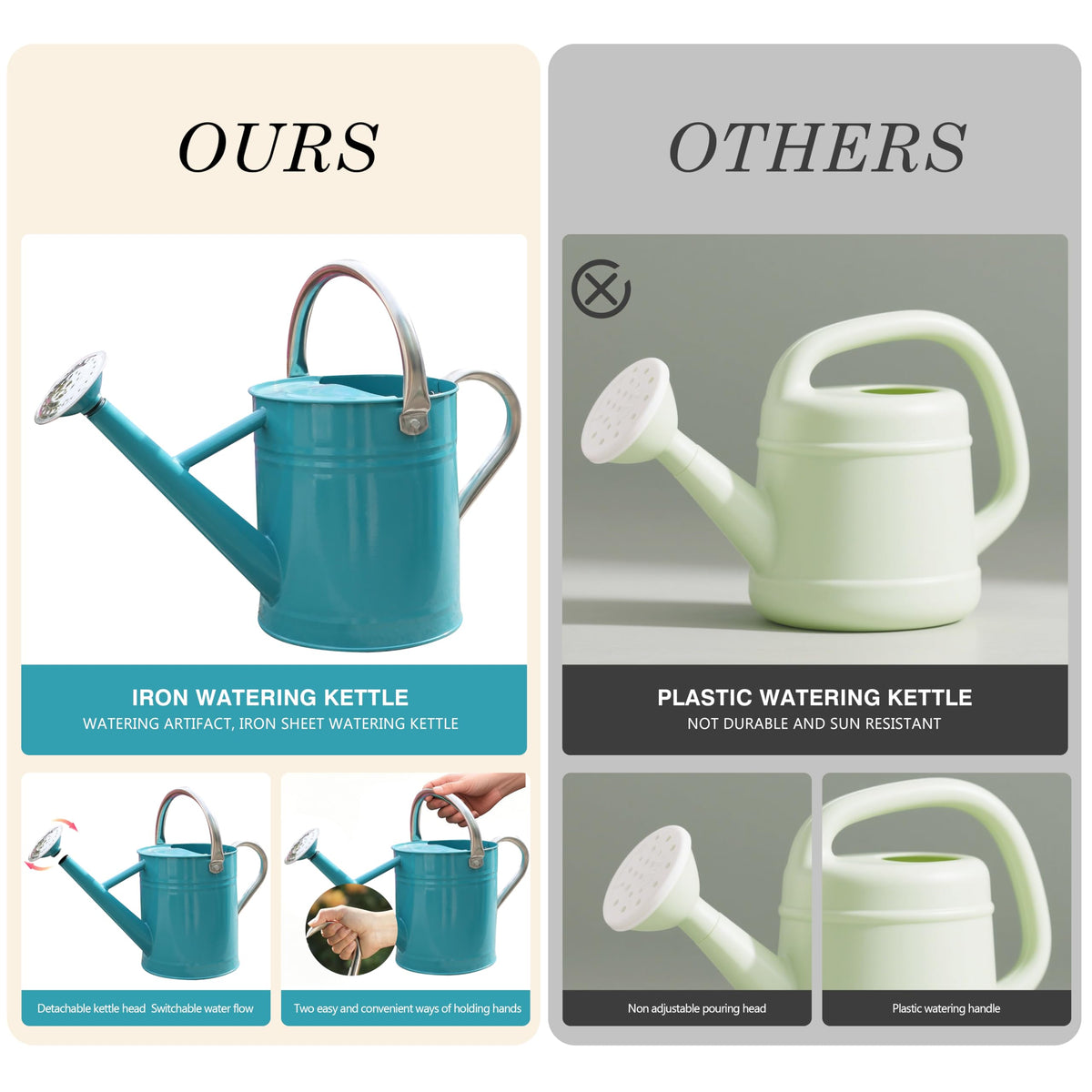 SunnyTong leaf green watering can free-standing design, stable while filling and watering.