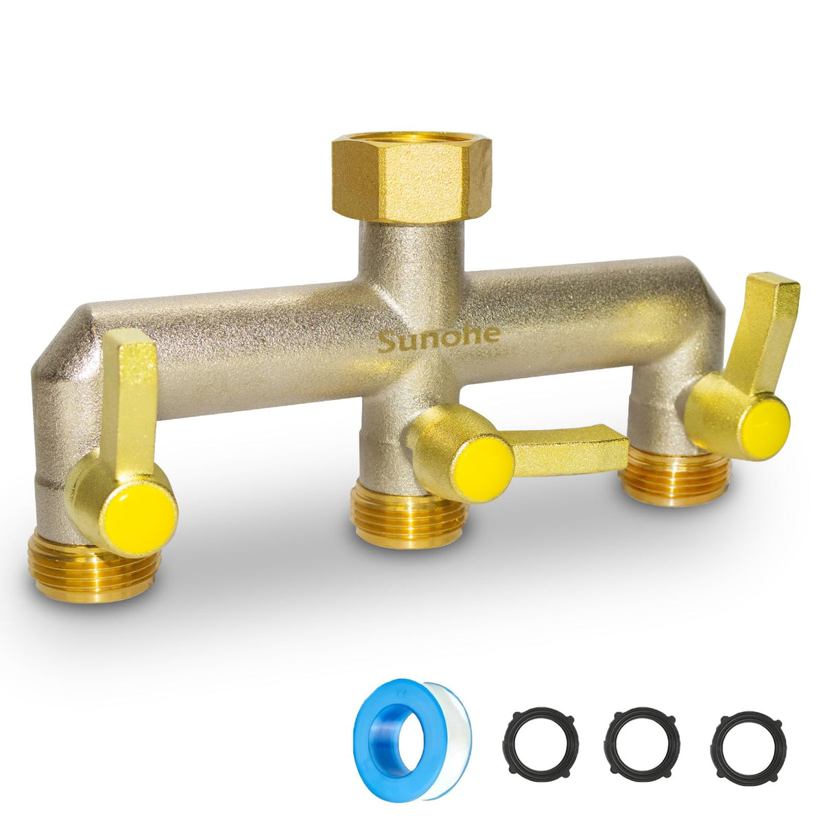 SUNOHE garden hose splitter 3-way brass for simultaneous outdoor watering tasks.