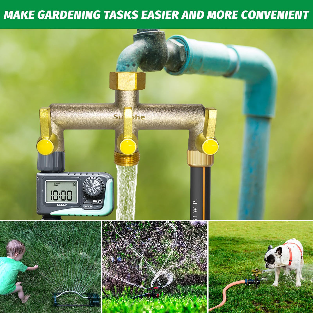 SUNOHE high-flow garden hose splitter enables faster watering distribution.