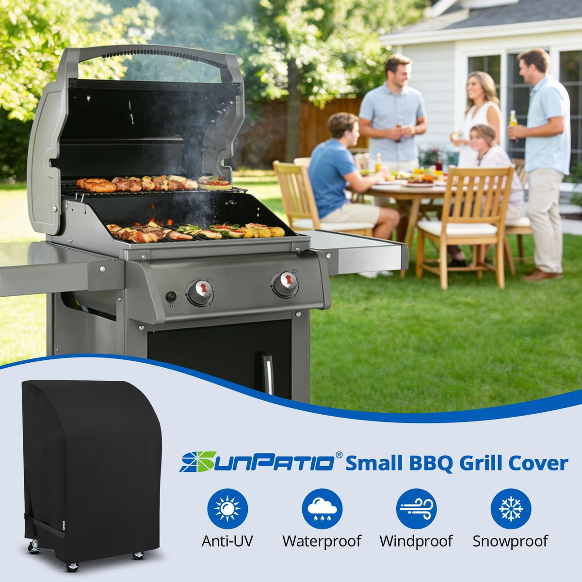 SunPatio 32x24x43 grill cover fits most two-burner grills with folding shelves.