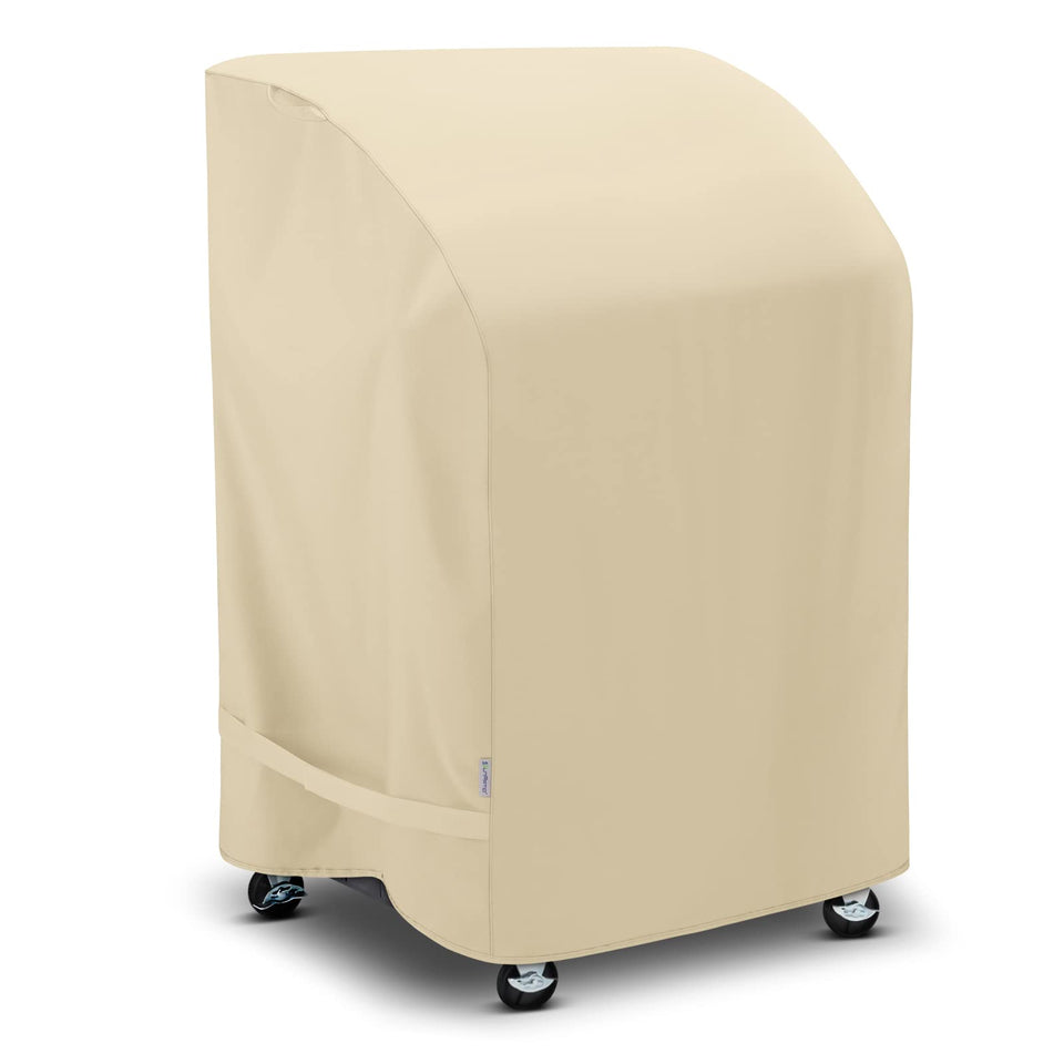 SunPatio 32-inch grill cover front view protecting a two-burner grill from sun and rain.