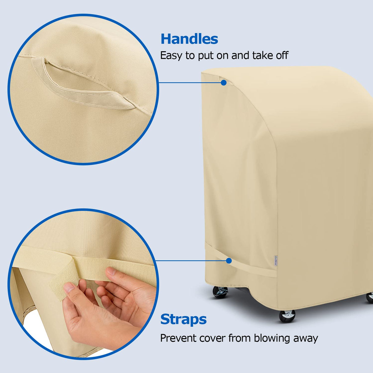 SunPatio grill cover with side straps stabilized for windy days.
