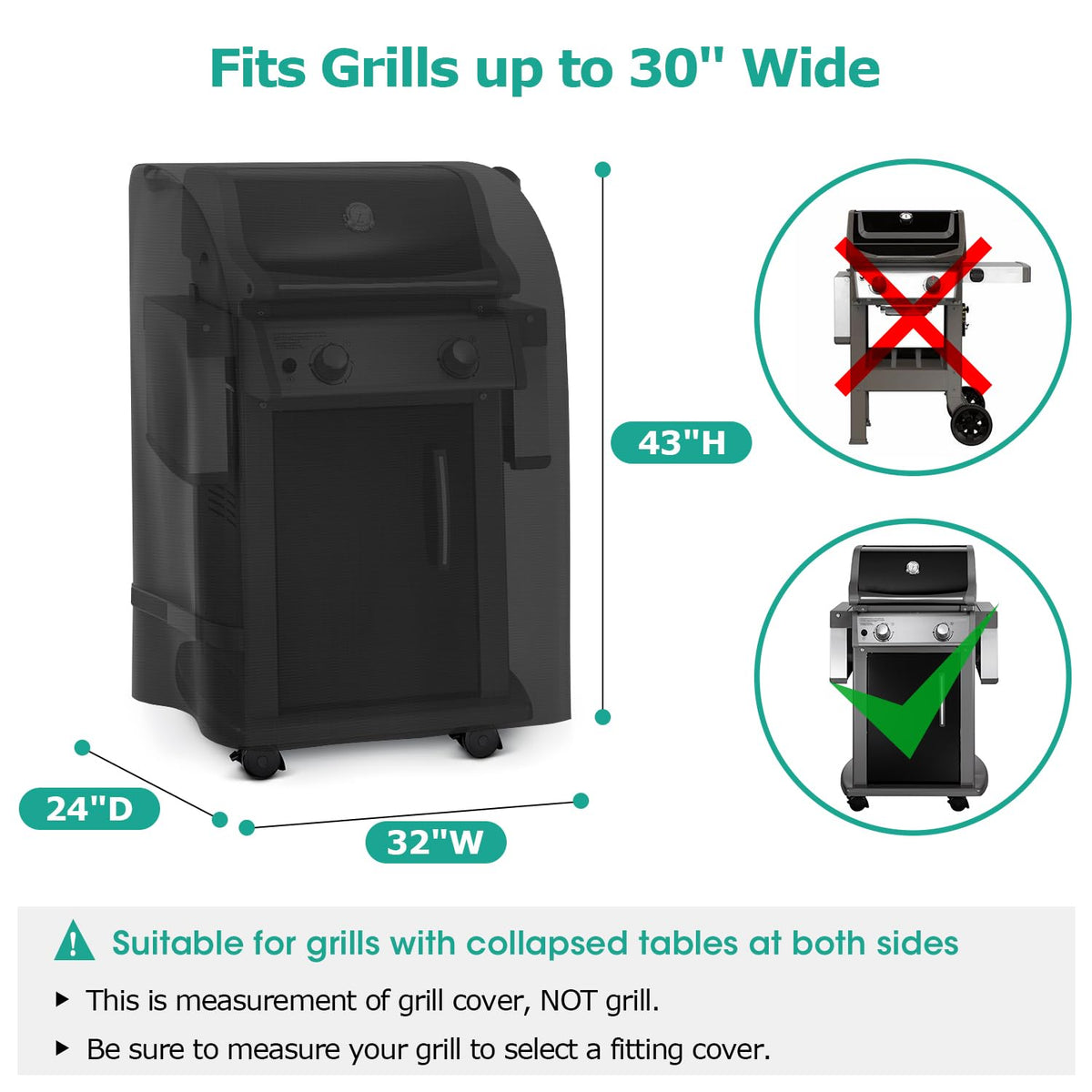 SunPatio grill cover side view highlighting adjustable side straps for wind resistance