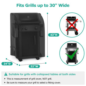 SunPatio grill cover side view highlighting adjustable side straps for wind resistance